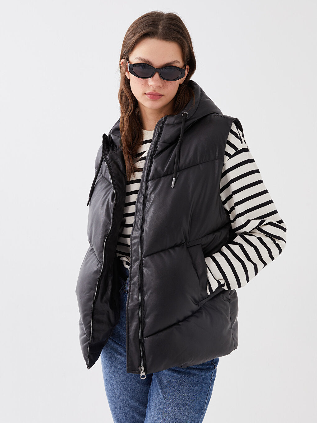 Hooded Plain Leather Look Women's Puffer Vest