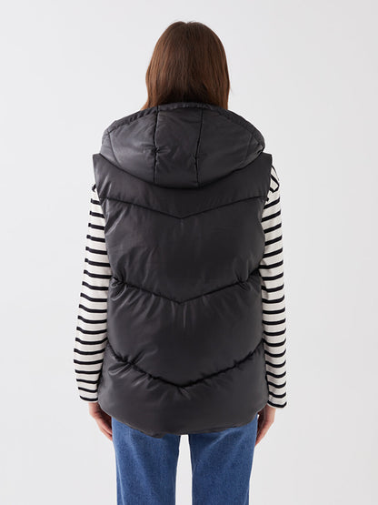 Hooded Plain Leather Look Women's Puffer Vest