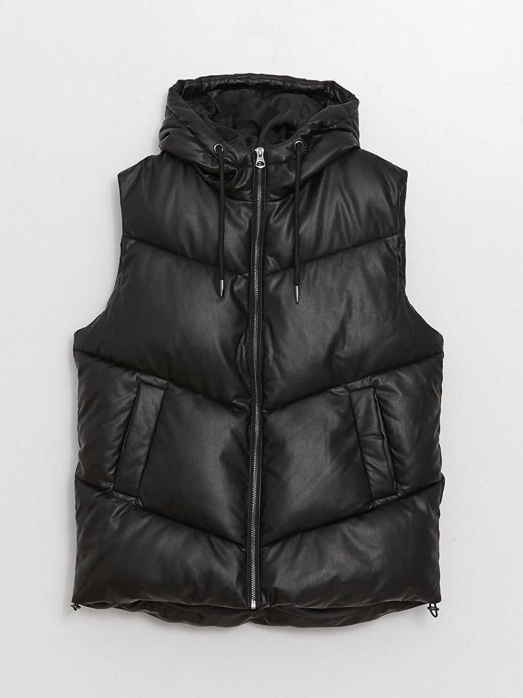 Hooded Plain Leather Look Women's Puffer Vest