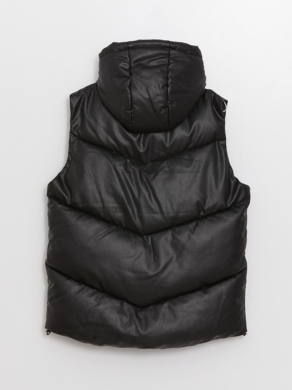 Hooded Plain Leather Look Women's Puffer Vest