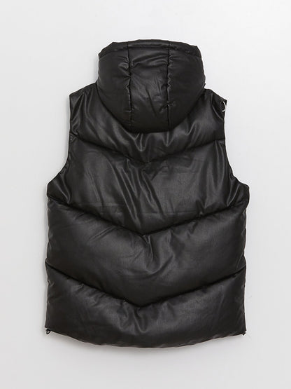 Hooded Plain Leather Look Women's Puffer Vest