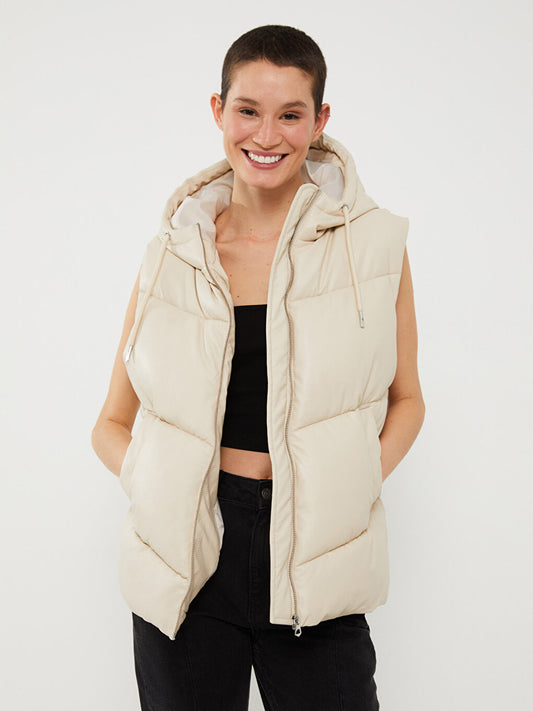 Hooded Plain Leather Look Women's Puffer Vest