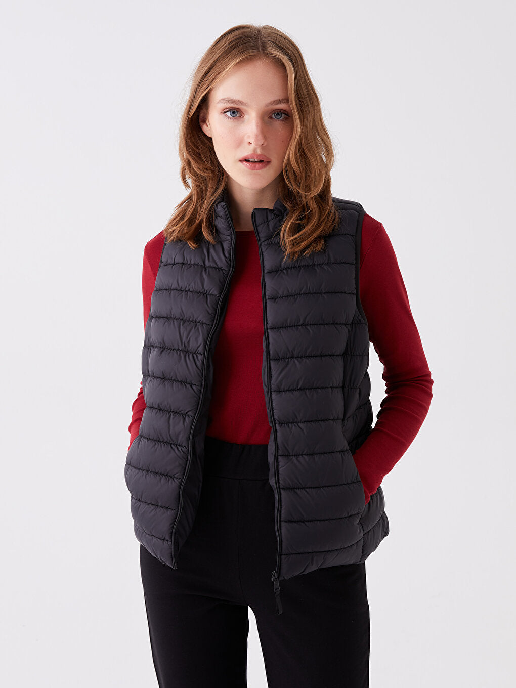 Women's High Collar Plain Puffer Vest