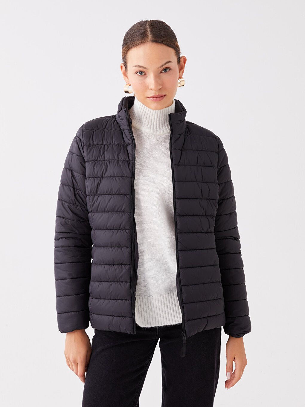 Stand-up Collar Plain Long Sleeve Women's Puffer Coat