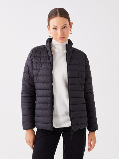 Stand-up Collar Plain Long Sleeve Women's Puffer Coat