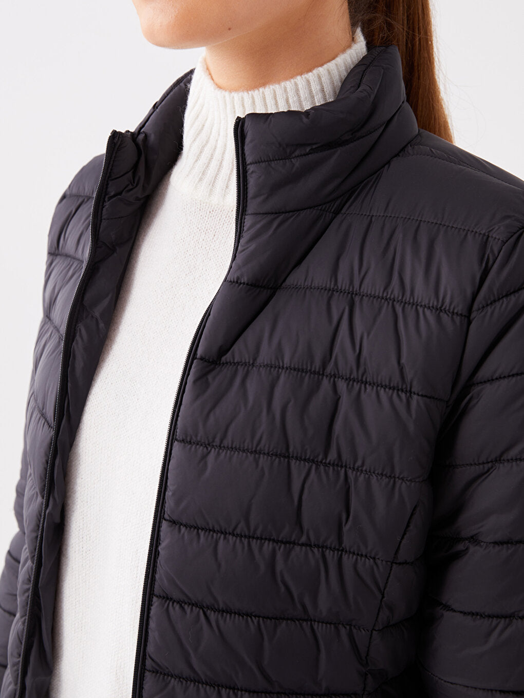 Stand-up Collar Plain Long Sleeve Women's Puffer Coat