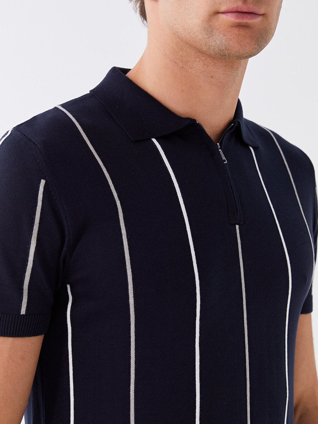 Polo Neck Short Sleeve Striped Men's Knitwear Sweater