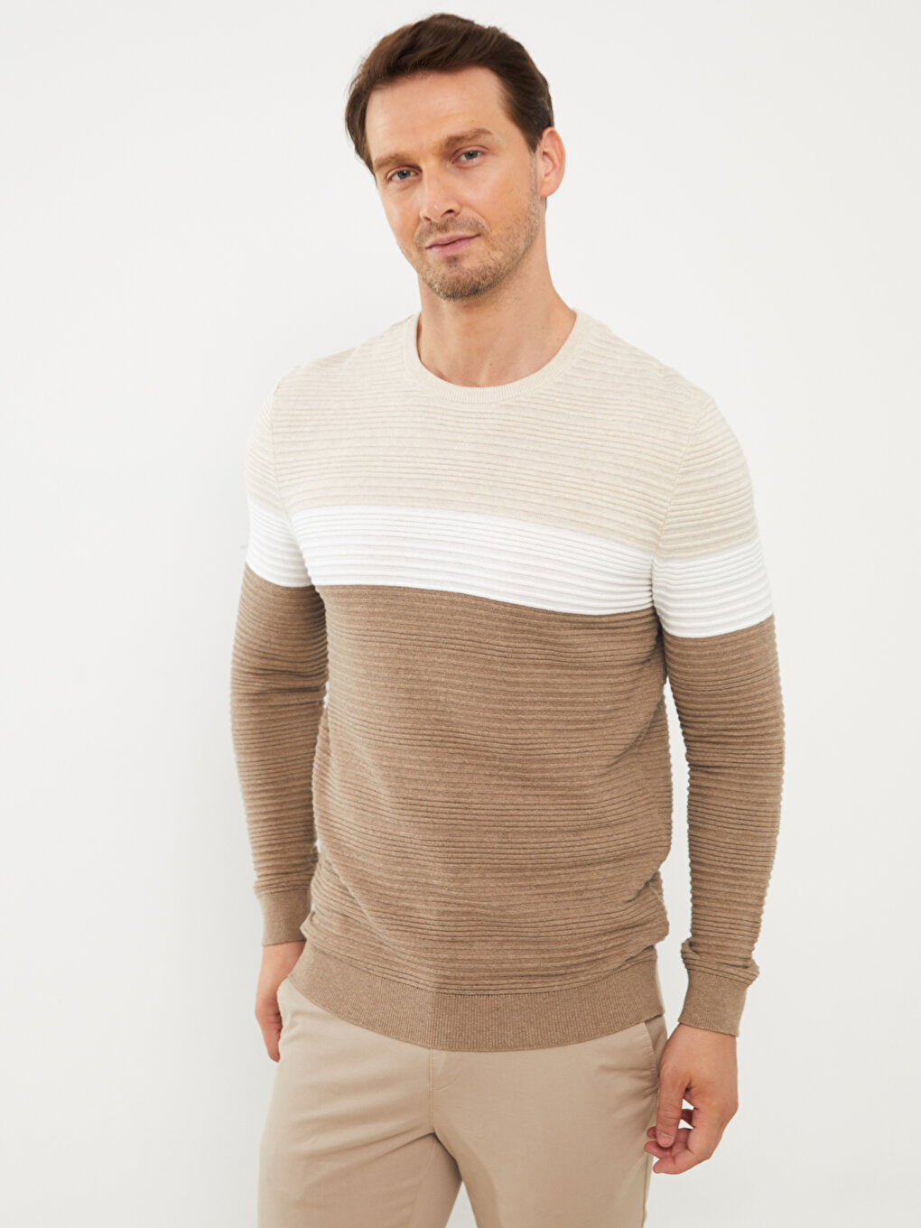 Crew Neck Long Sleeve Color Block Men's Knitwear Sweater