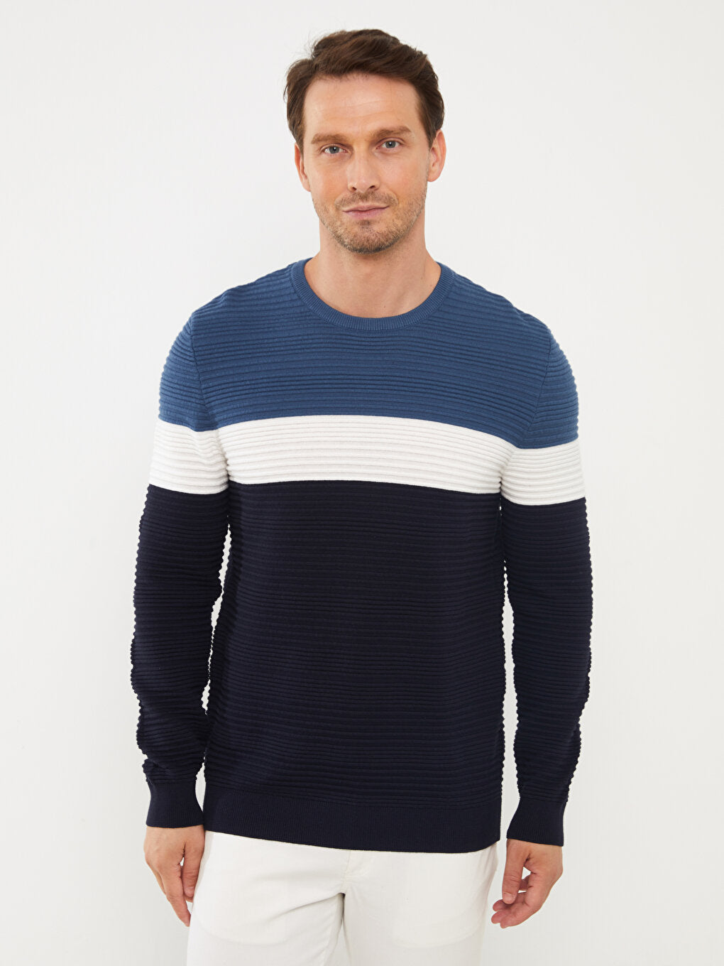 Crew Neck Long Sleeve Color Block Men's Knitwear Sweater