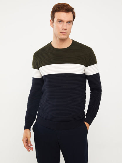 Crew Neck Long Sleeve Color Block Men's Knitwear Sweater