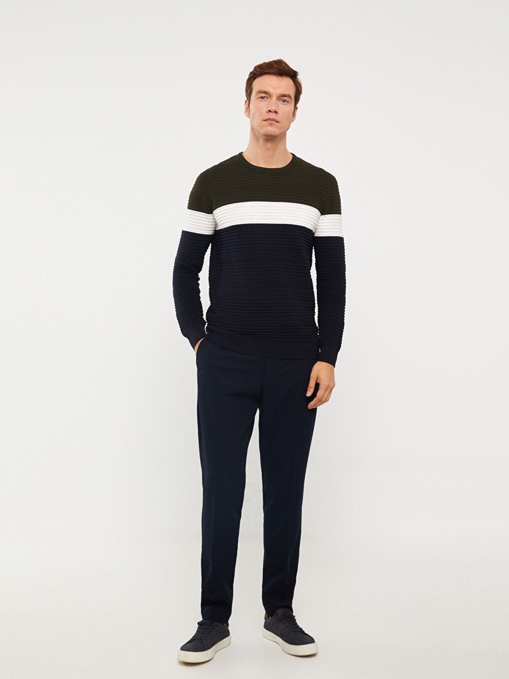 Crew Neck Long Sleeve Color Block Men's Knitwear Sweater