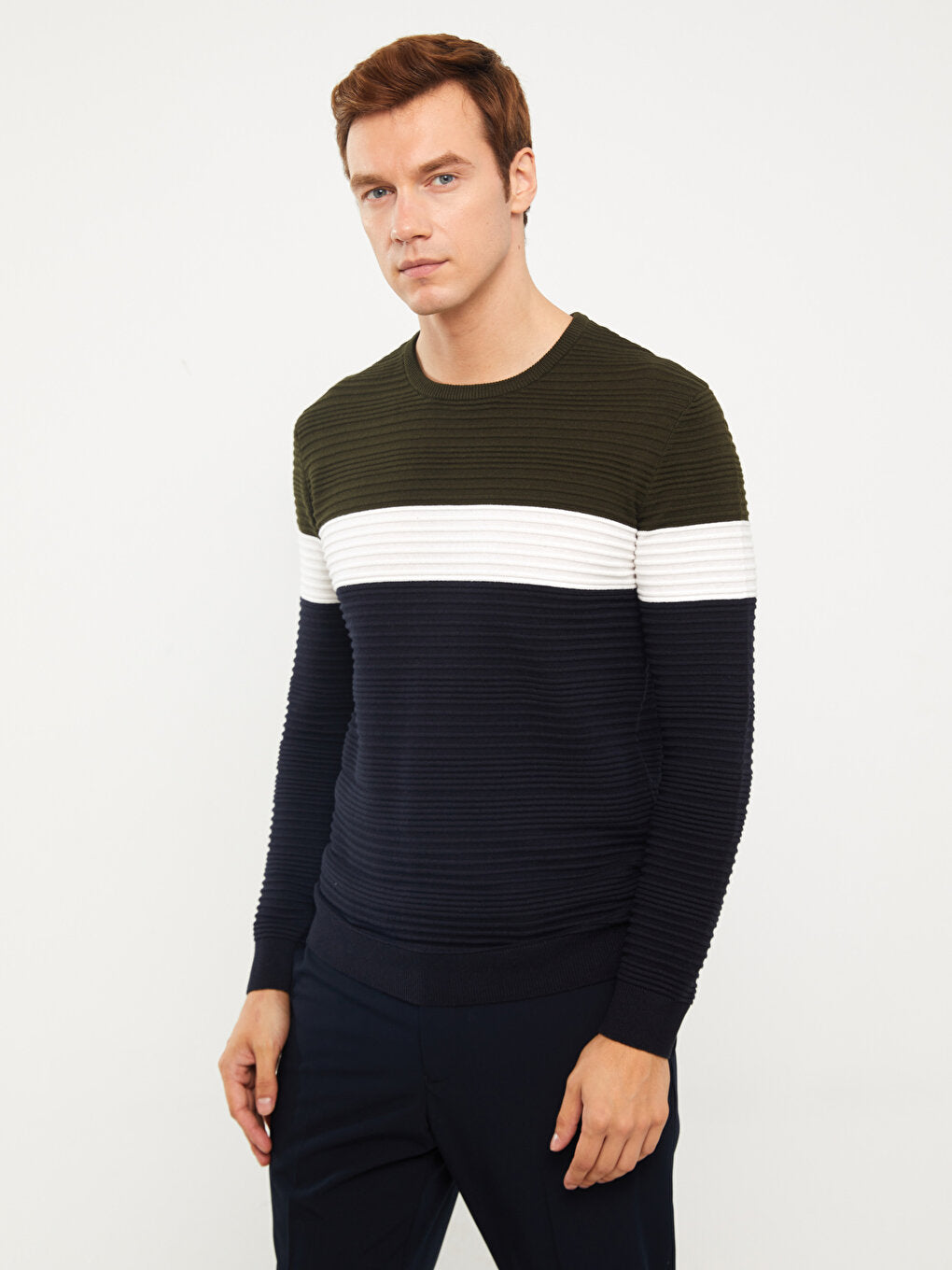 Crew Neck Long Sleeve Color Block Men's Knitwear Sweater