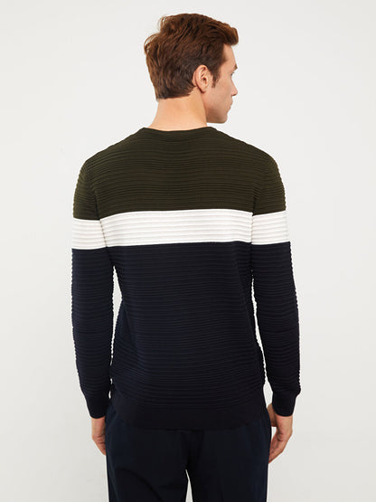 Crew Neck Long Sleeve Color Block Men's Knitwear Sweater