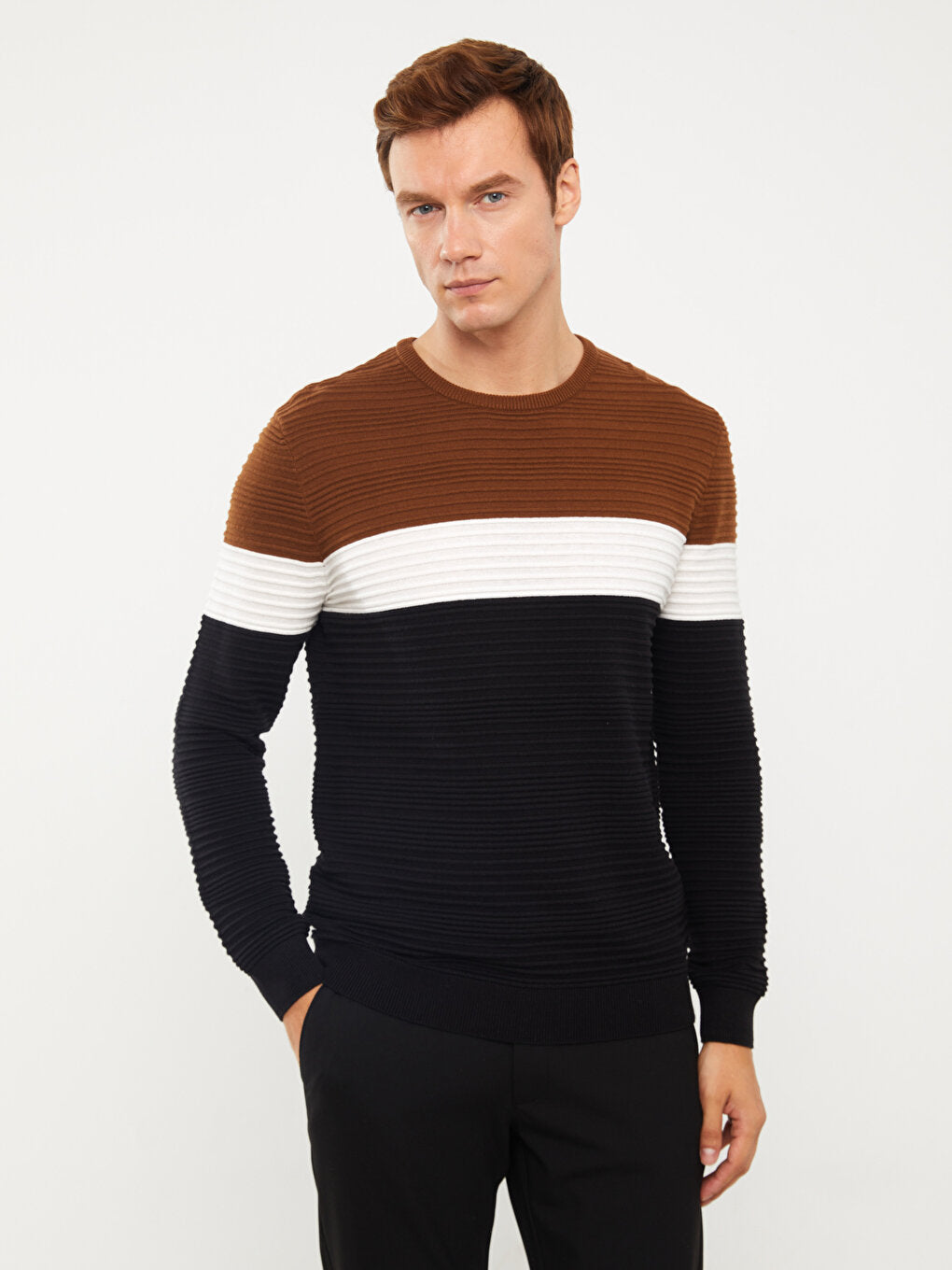 Crew Neck Long Sleeve Color Block Men's Knitwear Sweater