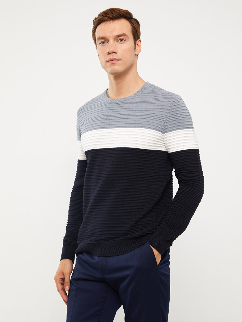 Crew Neck Long Sleeve Color Block Men's Knitwear Sweater