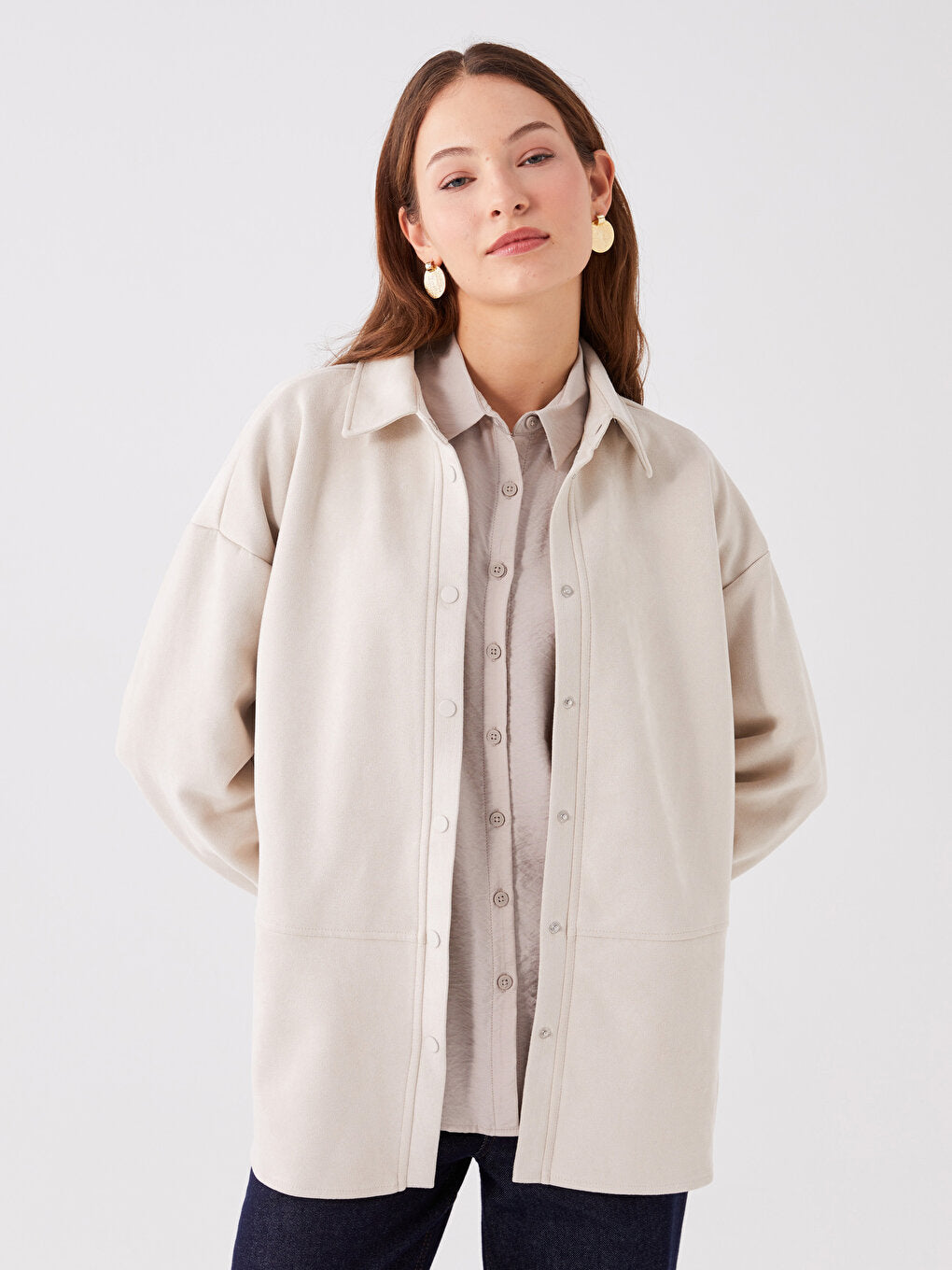 Plain Long Sleeve Oversize Suede Women's Shirt Jacket