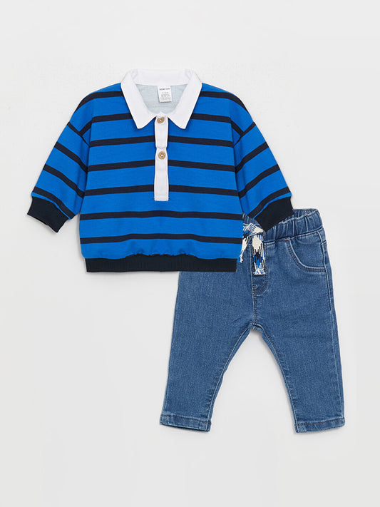 Shirt Collar Long Sleeve Striped Baby Boy Sweatshirt and Trousers 2-Piece Set