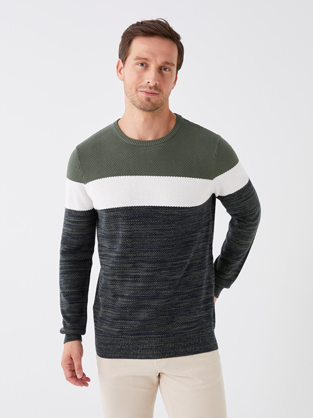 Crew Neck Long Sleeve Color Block Men's Knitwear Sweater