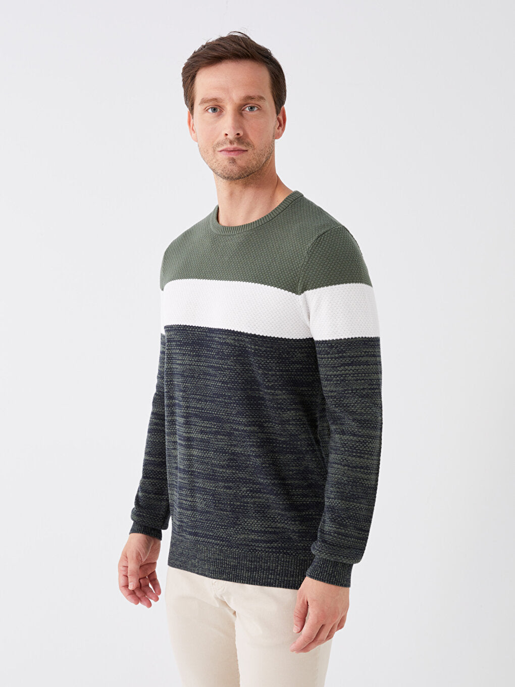 Crew Neck Long Sleeve Color Block Men's Knitwear Sweater