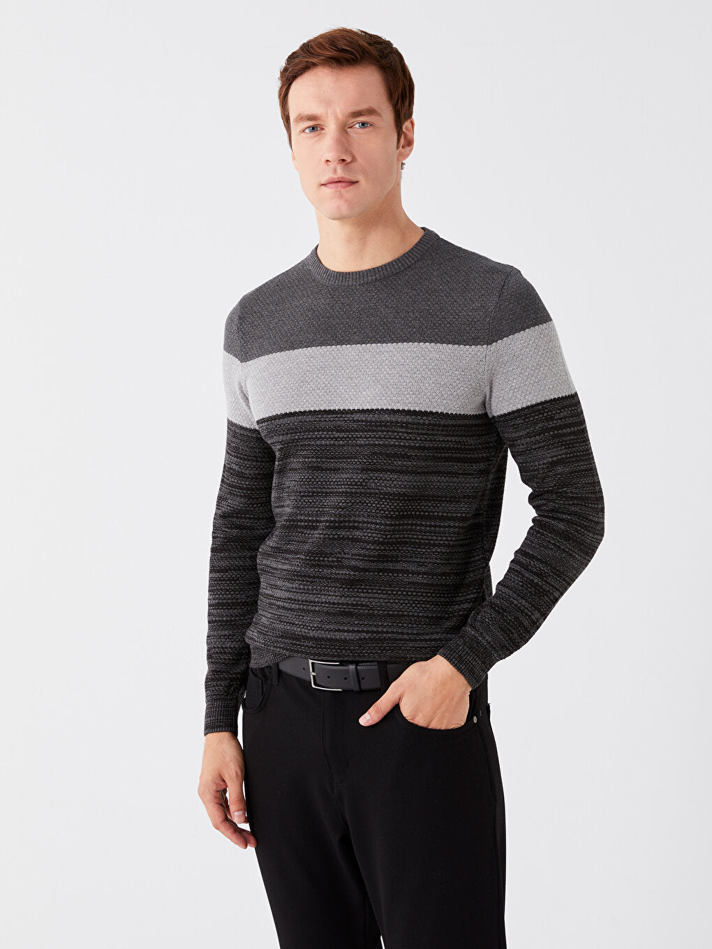 Crew Neck Long Sleeve Color Block Men's Knitwear Sweater