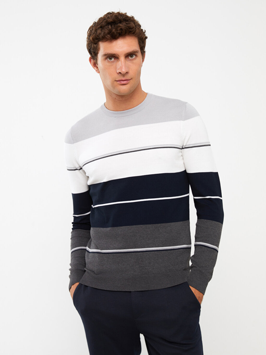 Crew Neck Long Sleeve Striped Men's Knitwear Sweater