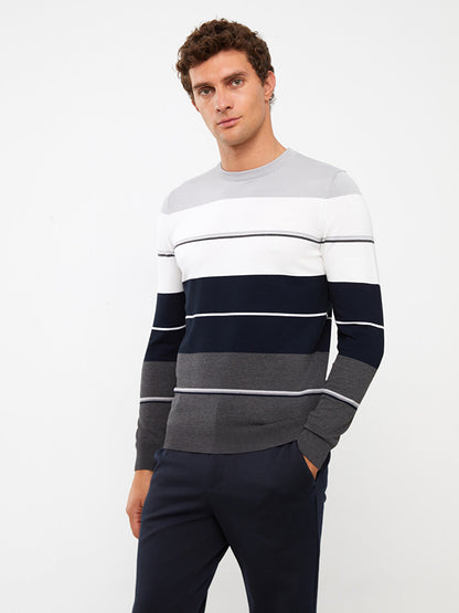 Crew Neck Long Sleeve Striped Men's Knitwear Sweater