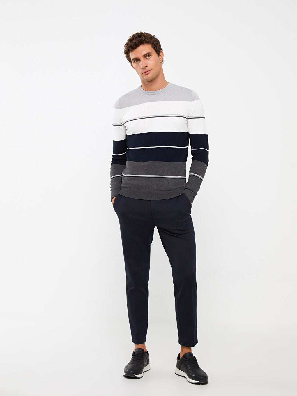 Crew Neck Long Sleeve Striped Men's Knitwear Sweater