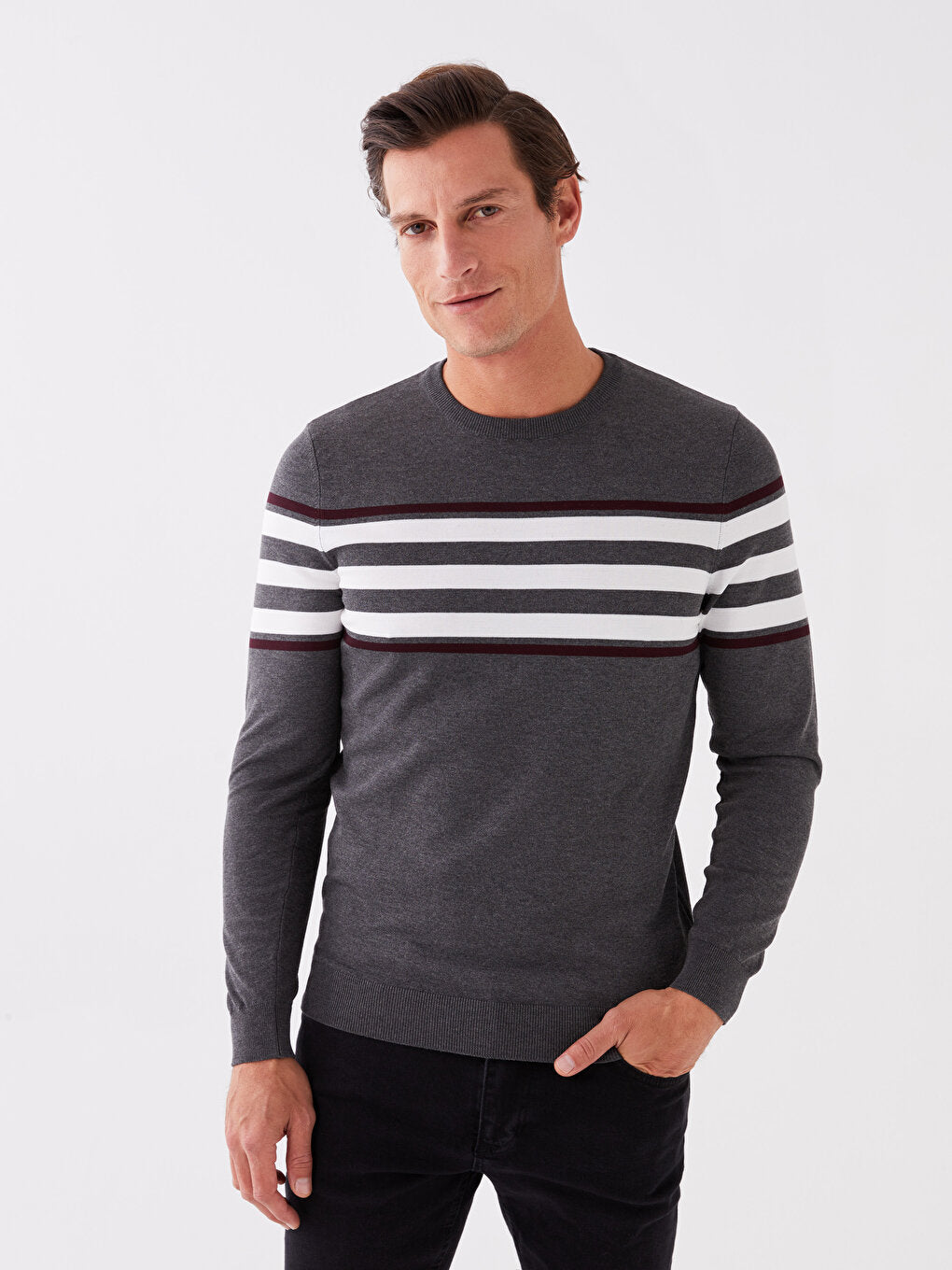 Crew Neck Long Sleeve Striped Men's Knitwear Sweater