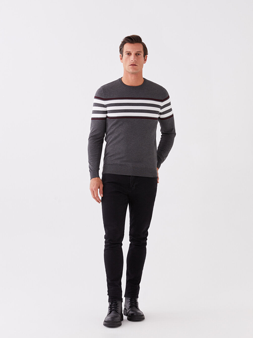 Crew Neck Long Sleeve Striped Men's Knitwear Sweater