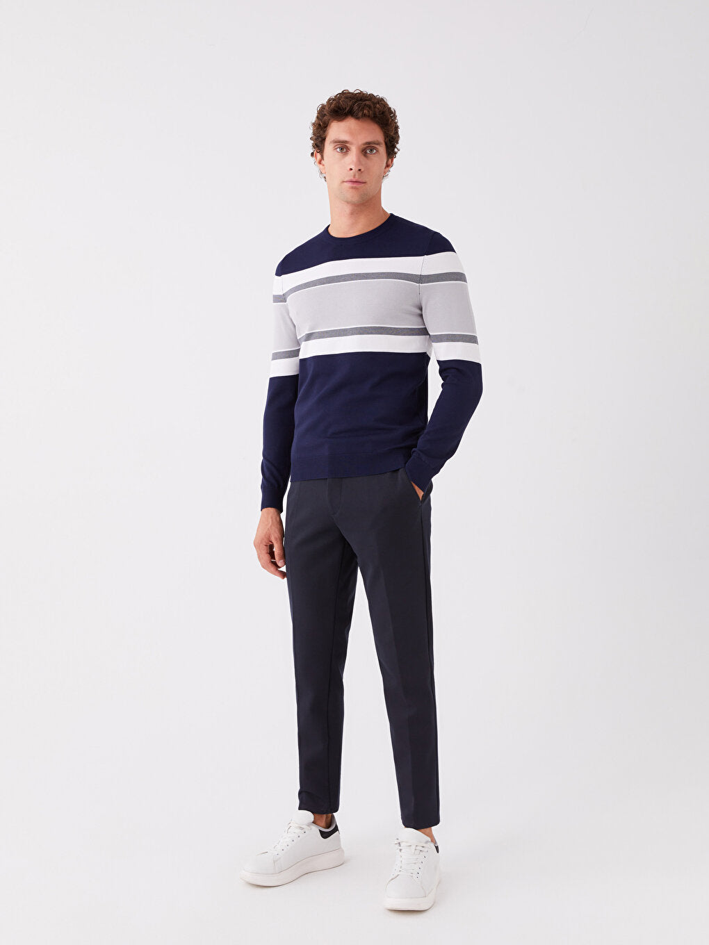 Crew Neck Long Sleeve Color Block Men's Knitwear Sweater