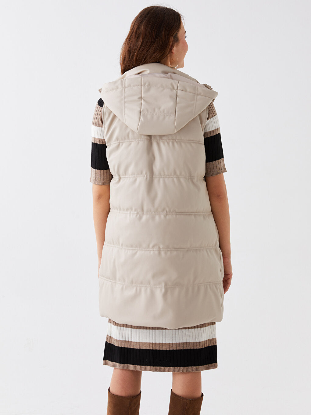 Hooded Plain Leather Look Women's Puffer Vest