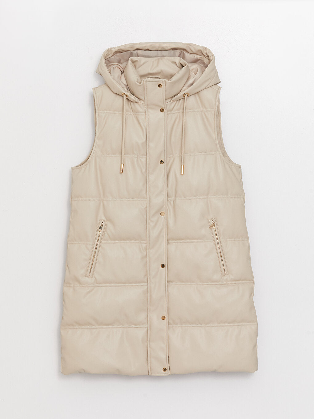 Hooded Plain Leather Look Women's Puffer Vest