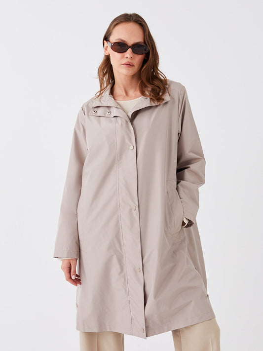 Stand-up Collar Plain Long Sleeve Women's Raincoat