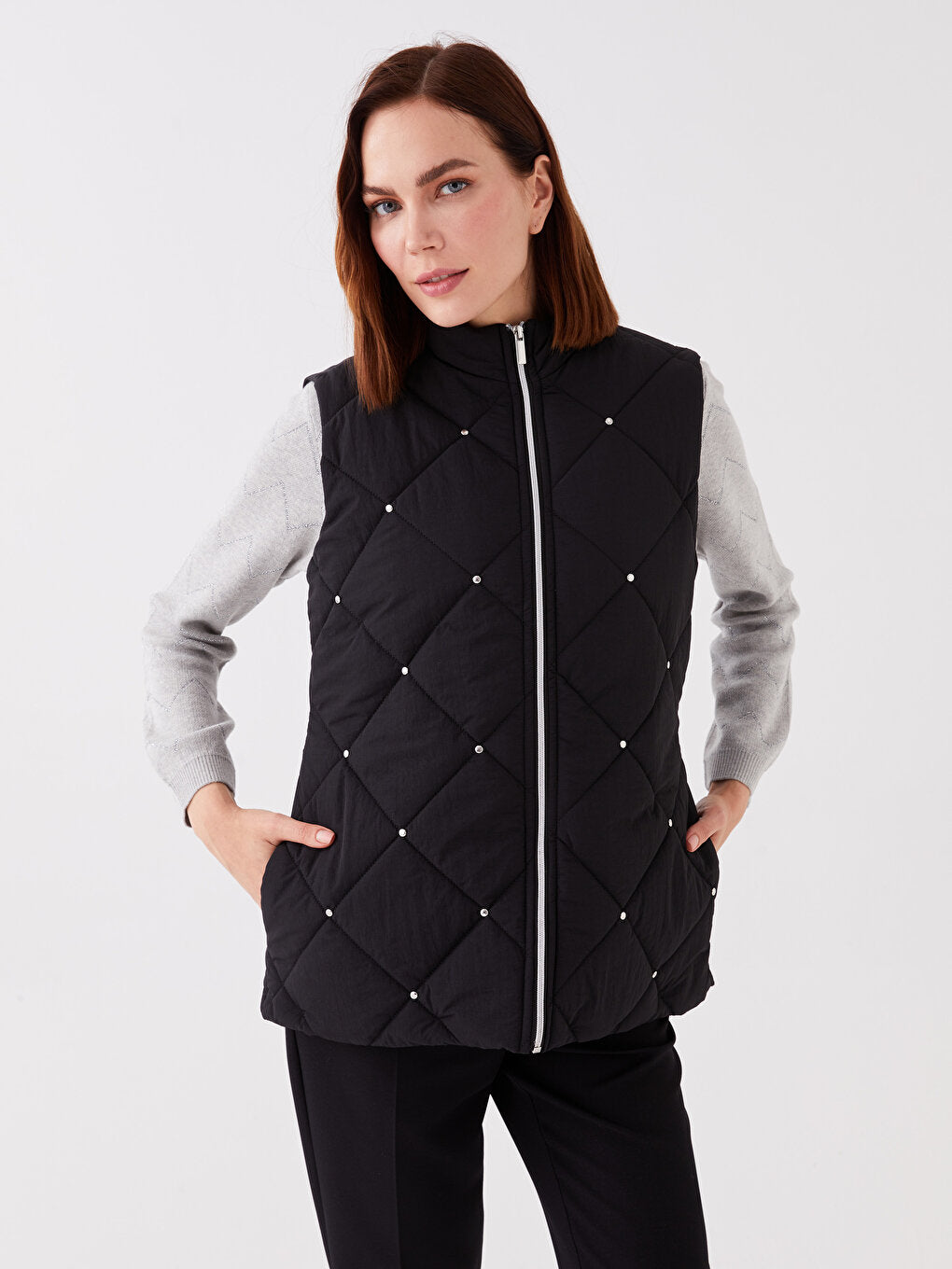 High Collar Quilted Patterned Women's Puffer Vest