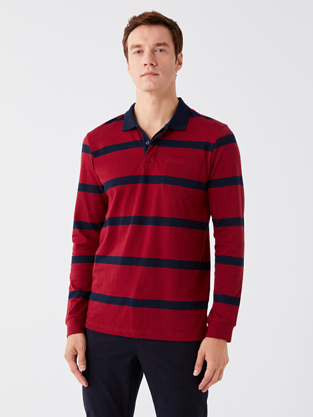 Polo Neck Long Sleeve Striped Men's Sweatshirt