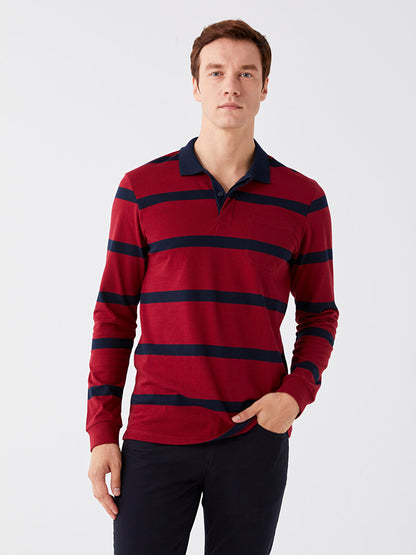 Polo Neck Long Sleeve Striped Men's Sweatshirt