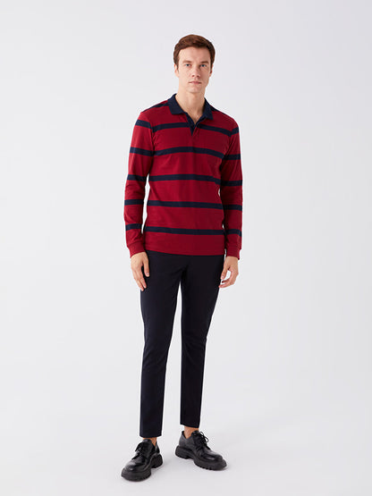 Polo Neck Long Sleeve Striped Men's Sweatshirt