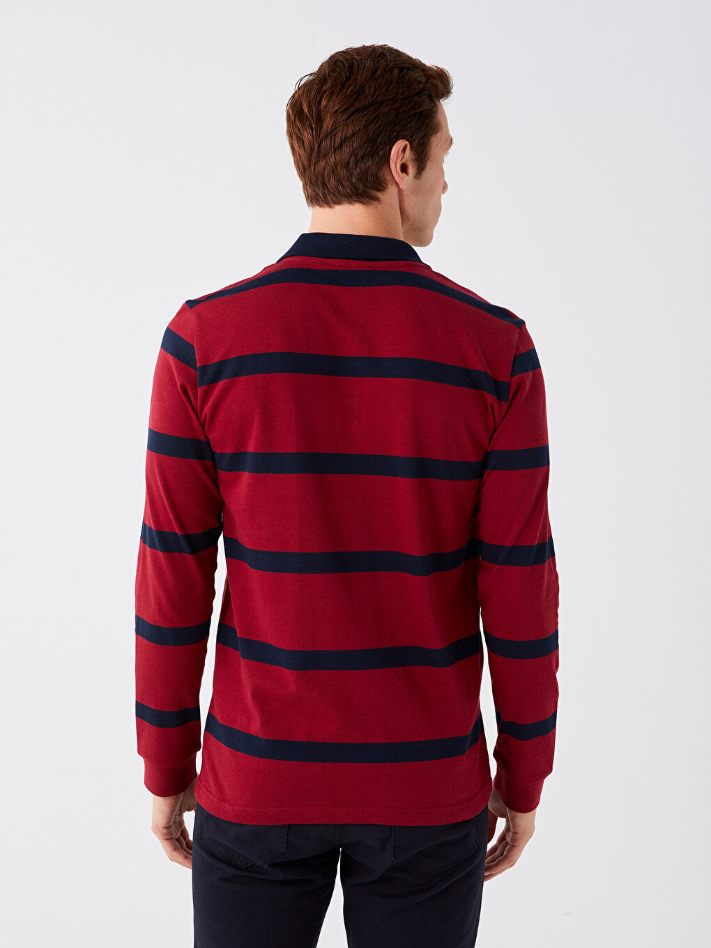 Polo Neck Long Sleeve Striped Men's Sweatshirt