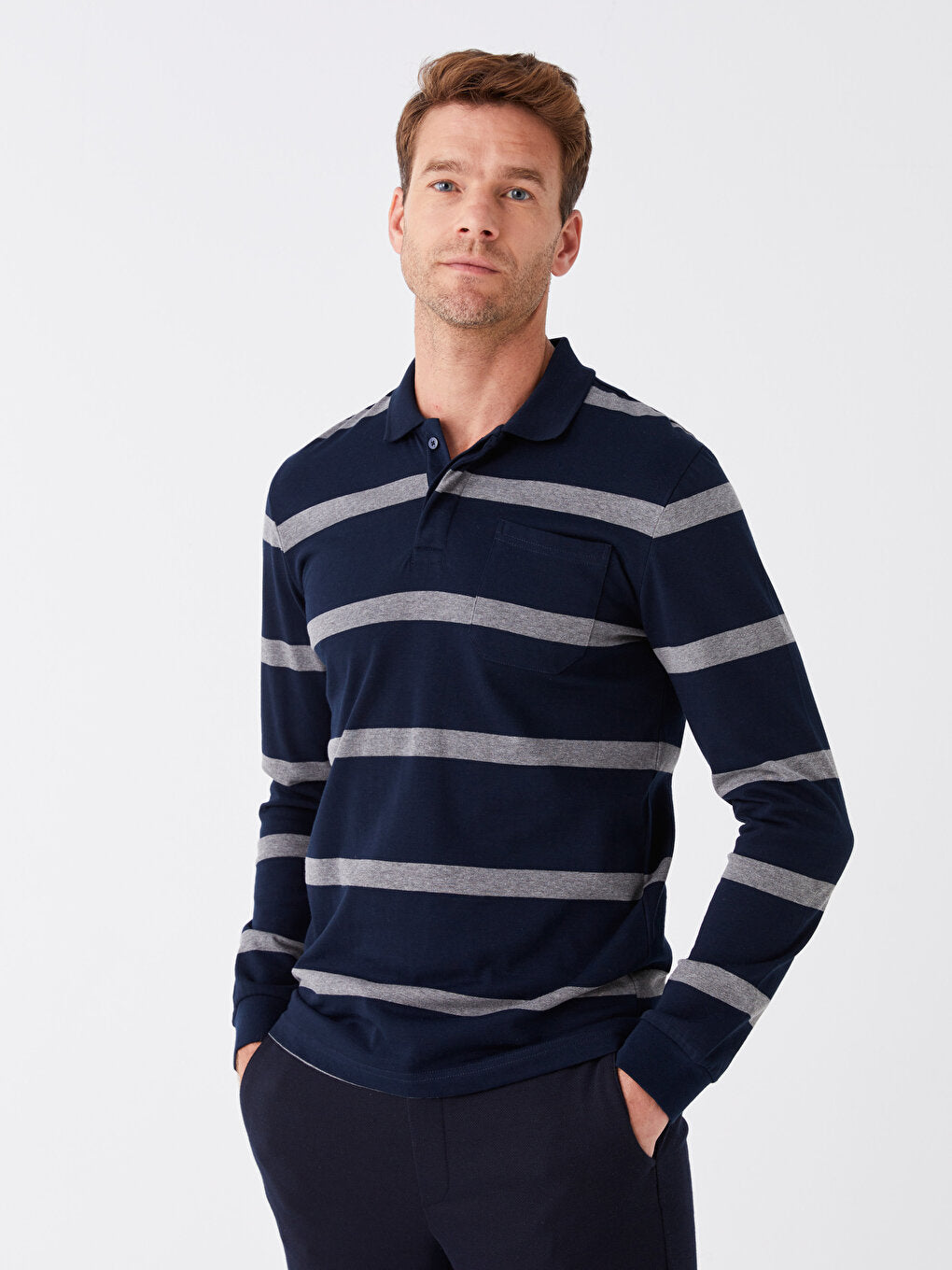 Polo Neck Long Sleeve Striped Men's Sweatshirt