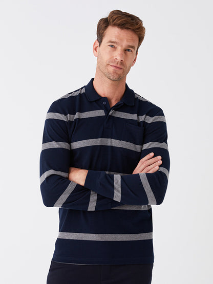 Polo Neck Long Sleeve Striped Men's Sweatshirt