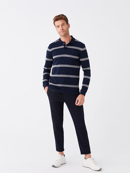 Polo Neck Long Sleeve Striped Men's Sweatshirt