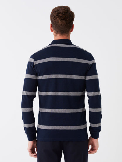 Polo Neck Long Sleeve Striped Men's Sweatshirt