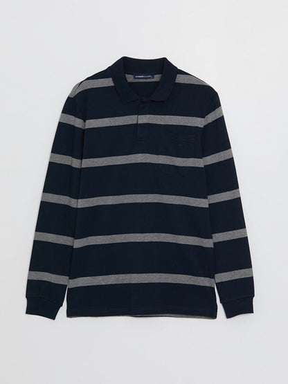 Polo Neck Long Sleeve Striped Men's Sweatshirt