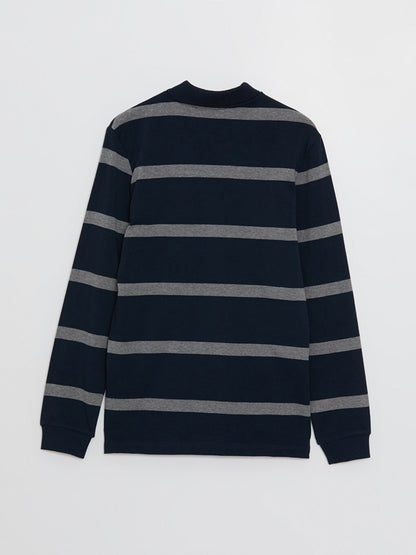 Polo Neck Long Sleeve Striped Men's Sweatshirt