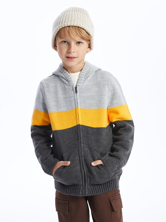 Hooded Color Blocked Long Sleeve Boy's Knitwear Cardigan