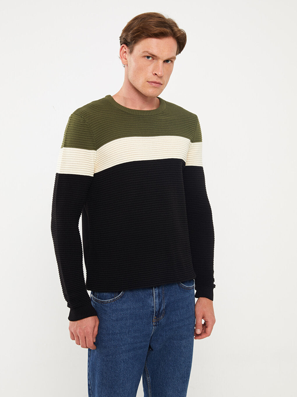 Crew Neck Long Sleeve Color Block Men's Knitwear Sweater