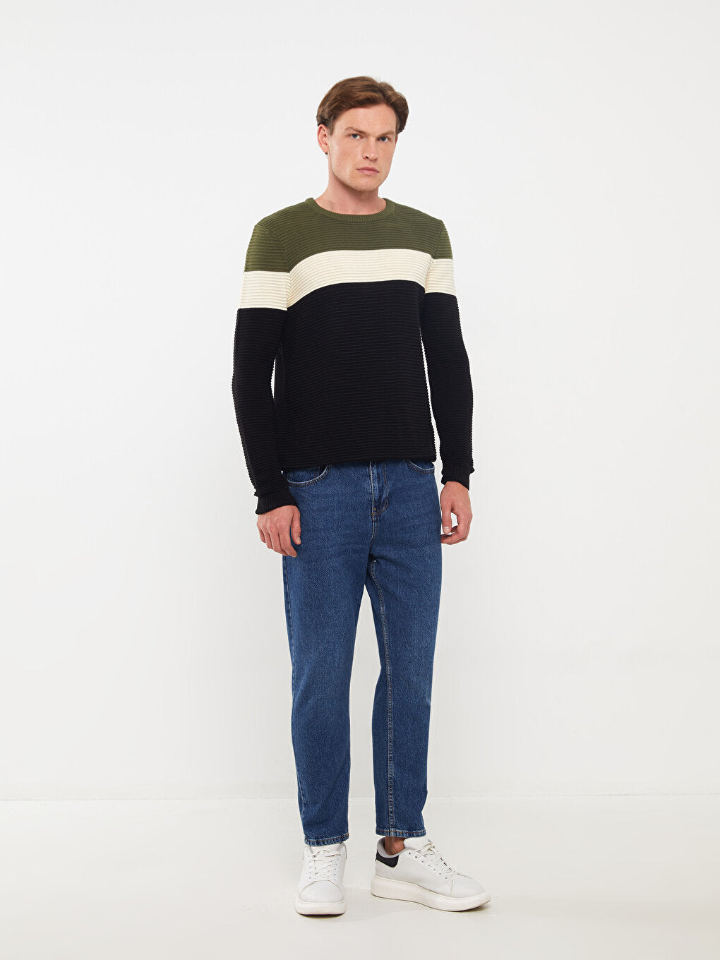 Crew Neck Long Sleeve Color Block Men's Knitwear Sweater