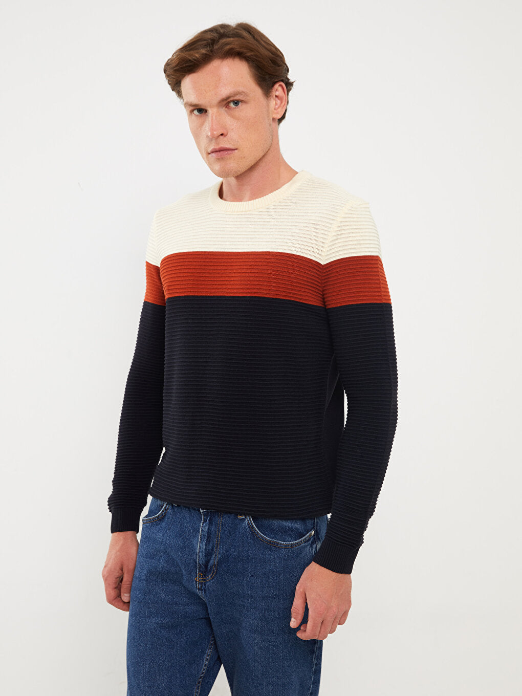 Crew Neck Long Sleeve Color Block Men's Knitwear Sweater