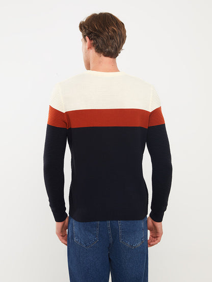 Crew Neck Long Sleeve Color Block Men's Knitwear Sweater