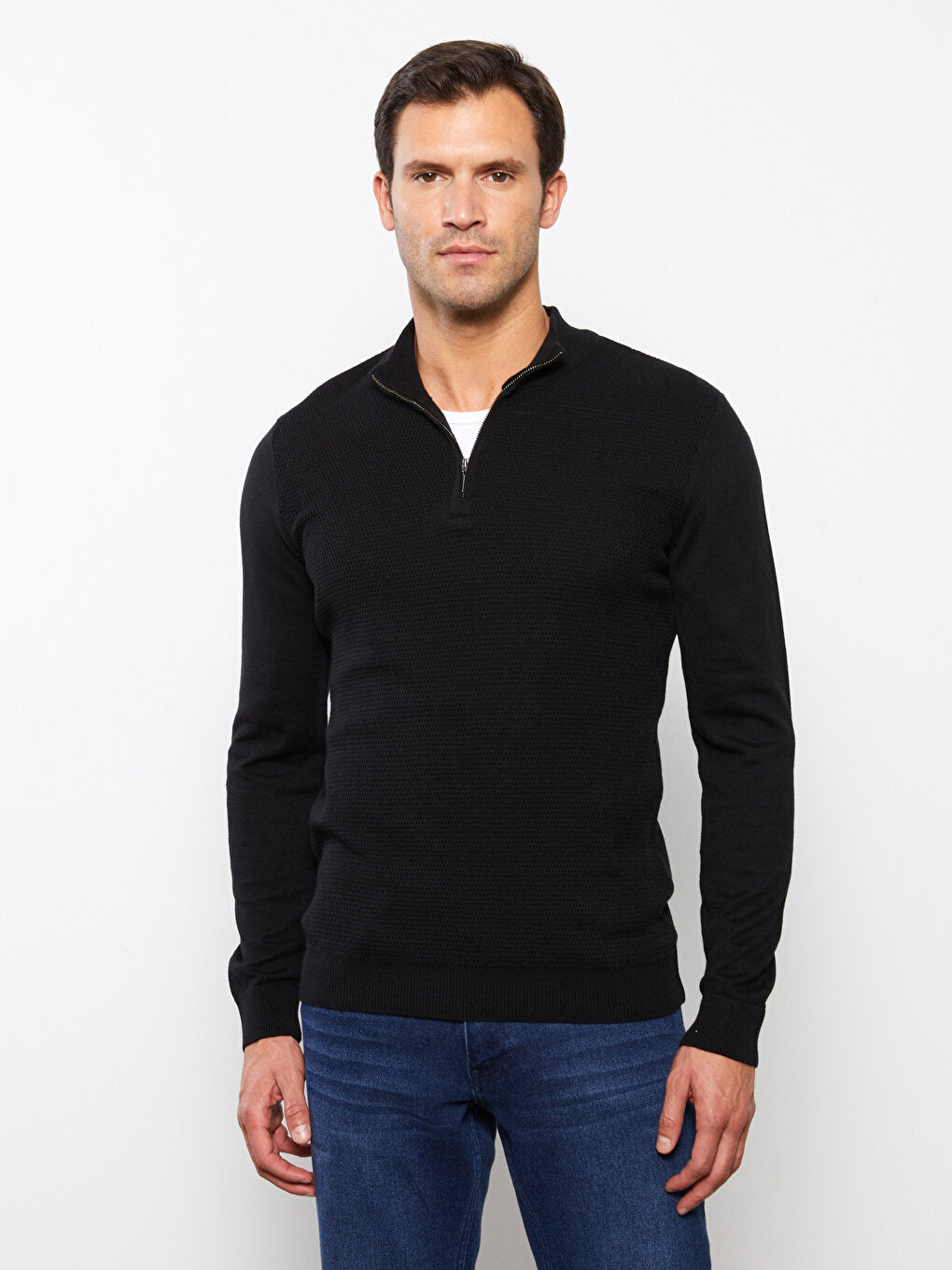 Zippered High Collar Long Sleeve Men's Knitwear Sweater